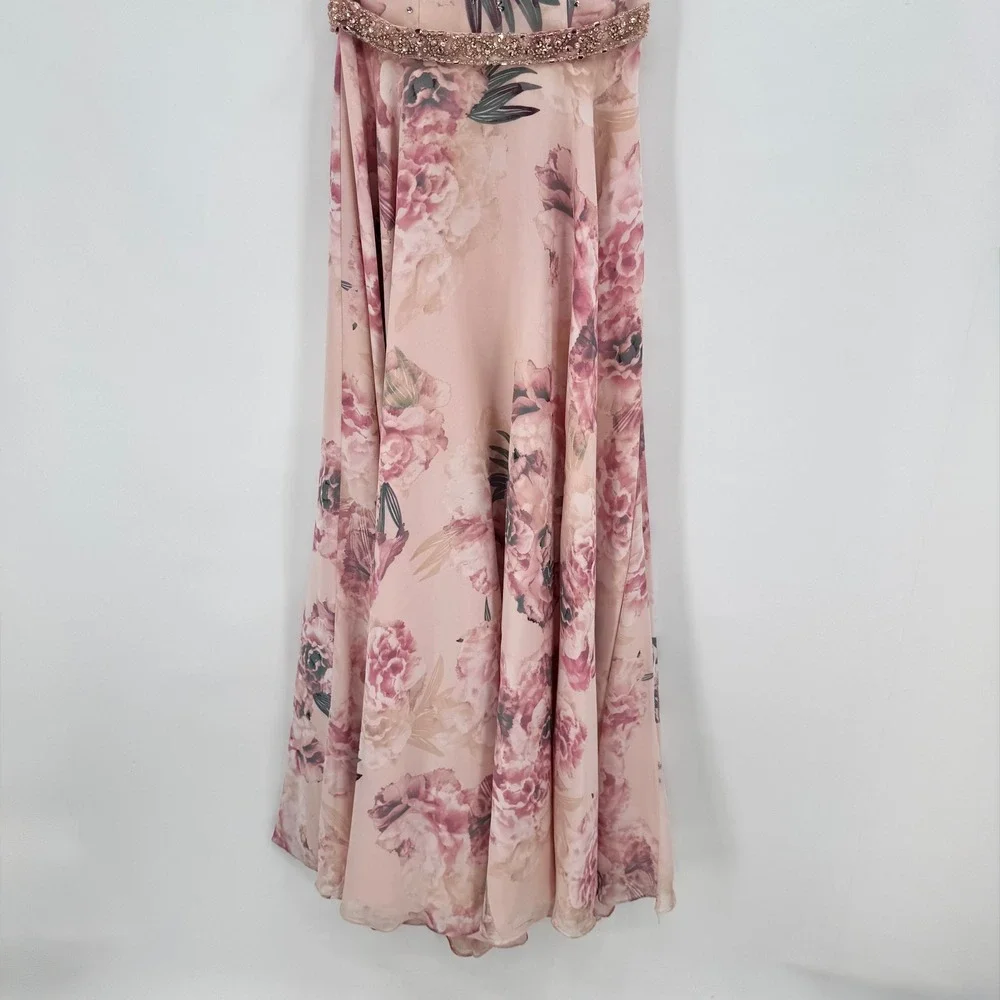 Morilee Prom Dress Pink Floral Beaded Halter Open Back Gown Size 4 99038 - Picture 5 of 16